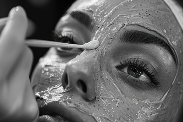 Wall Mural - Close-up view of a beautiful young woman girl with open eyes enjoying facial mask being applied at beauty spa center.