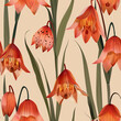 Botanical illustration of fritillaria flowers, Seamless pattern