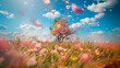 Blossoming tree in vibrant spring meadow