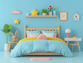 Wall Mural - Interior bedroom 3D illustration, warm cartoon style interior 3D rendering concept background