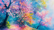 Colorful acrylic painting depicting a lush, blooming forest in spring
