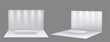 White 3d stand booth wall for trade display design. Exhibition event to show presentation on podium in corner blank mock up template. Isolated showroom interior or store box space for advertising set
