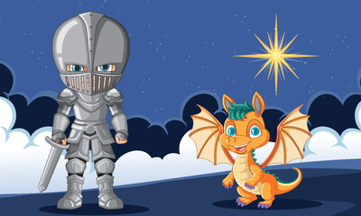 Illustration of a knight and dragon on a moonlit night.