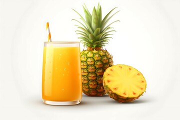 Wall Mural - Pineapple juice in a glass with straws and pineapple on white background