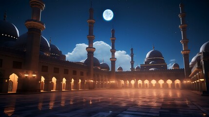 Wall Mural - Mosque at night with a full moon in the sky. 3d rendering