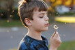 Boy making a wish, blowing dandelion seeds.
