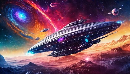 Wall Mural - Abstract interstellar voyage background with futuristic spacecraft and cosmic landscapes.
