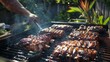 A backyard barbecue with a grill master cooking up a batch of succulent grilled pork neck, enticing with its aroma.
