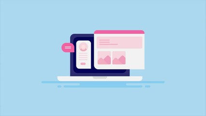 Website development coding and programming web application software on laptop screen video animation 2d clip.