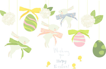 Wall Mural - Vector Easter Greeting Card with Cute White Bunnies and Eggs