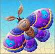 A stained glass illustration with a cute moth on a blue sky background