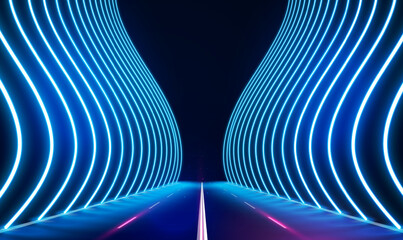 Sticker - Abstract background neon lights on speedway. Neon led light futuristic in a dark tunnel. Empty space scene, spotlight, virtual reality, cyber futuristic sci-fi technology background. Tech Vector EPS10