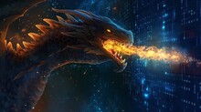 A Digital Dragon, Embodying Cyber Threats, Breathing Fire On A Wall Of Code, Which Stands Unharmed And Reflects The Attack Back, Symbolizing The Resilience Of Internet Security. 