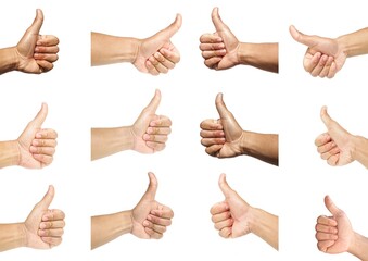 Wall Mural - Set of images. Collection of male hands giving thumbs up in various styles isolated on white background, business concept.