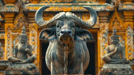 Wall Mural - A large black bull stands in front of a building with a golden door