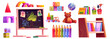 Preschool classroom for kid. Kindergarten room furniture vector interior. Cute school nursery daycare class with cube alphabet, painting stationery, blackboard and book on shelf for fun education