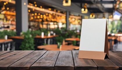 Sticker - Three-Dimensional Blank Table Tent Mockup for Eatery Menu, blurred restaurant background