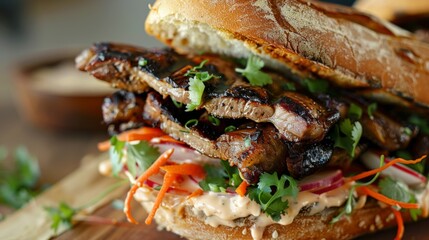 Wall Mural - A close-up of a grilled pork neck sandwich with pickled vegetables and spicy mayo, bursting with flavor.