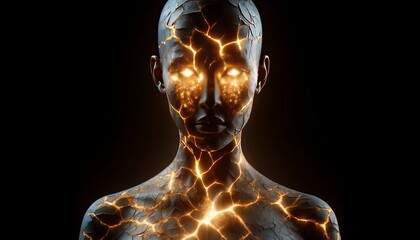 A surreal portrait of an androgynous humanoid character, whose body texture resembles cracked porcelain filled with glowing golden light from within.