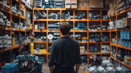 Poster - An electrician in a storeroom of electrical supplies. Generative AI.