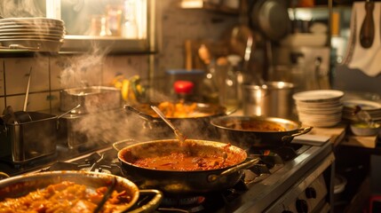 A cozy kitchen scene with pots of simmering razala curry on the stove, filling the air with the enticing aroma of Indian spices.