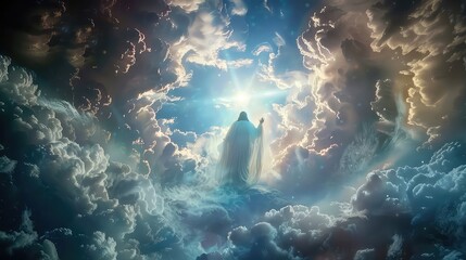A peaceful depiction of Jesus Christ in a heavenly realm, embodying new life and renewal.