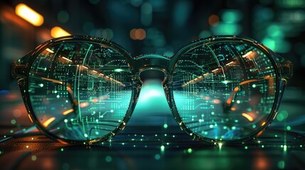 Leinwandbilder - A pair of glasses with circuitry and data flowing through them, reflecting in the lenses. The background is a dark green with neon lights. There is an array of computer equipment. Generative AI.