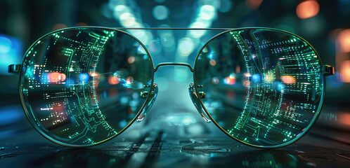 Poster - A pair of glasses with circuitry and data flowing through them, reflecting in the lenses. The background is a dark green with neon lights. There is an array of computer equipment. Generative AI.