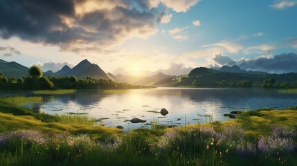 Wall Mural - Beautiful panoramic view of lake views surrounded by green hill and blue sky with clouds.