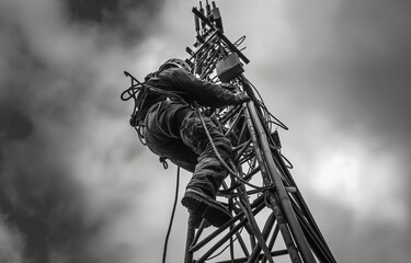 Telecom engineer worker climbing antenna tower. engineer wearing safety gear working at top of signal antenna. Working at height. Technician climbing antenna tower for maintenance.