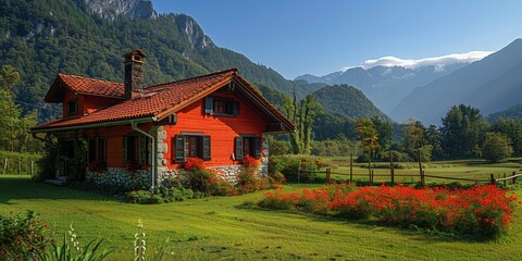 Wall Mural - A cozy cottage nestled in a picturesque valley, surrounded by lush wooded mountains.