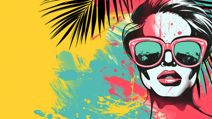 Wall Mural - Pop art retro summer concept. Palm leaf and colorful strokes on the background of woman wearing sunglasses. Summer concept holiday, travel, cover and banner backgrounds.