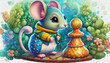 oil painting style CARTOON CHARACTER CUTE baby mouse and chess isolated on white background, top view. side front, animal