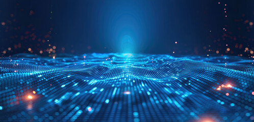 Leinwandbilder - Blue technology background with light lines and graphs, data flow concept. Vector illustration of blue digital background with line chart on floor, for business presentation design. Generative AI.