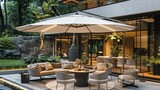 Fototapeta  - A large garden umbrella with LED lights, placed on the terrace of an outdoor dining area in front of a modern home with decor and accessories. beige chairs around round tables. Generative AI.