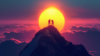 Poster - Silhouette two climbers help each other to reach the top of the mountain, fighting spirit and togetherness theme..