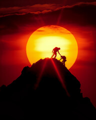 Poster - Silhouette two climbers help each other to reach the top of the mountain, fighting spirit and togetherness theme..