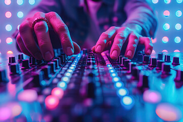 Wall Mural - male hands of DJ mixes music on DJ console at a night club in party