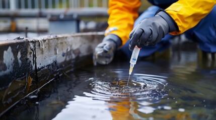 Wall Mural - an environmental engineer in protective gear meticulously collects a water sample from a sewage trea