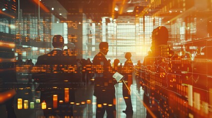 Wall Mural - A creative double exposure featuring stock market professionals working in a trading floor overlaid with financial data analytics, highlighting data-driven decision-making. 