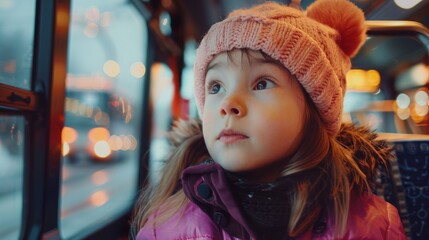 Smiling little girl riding bus looking away, beautiful  girl taking bus to work, lifestyle concept. Young smiling woman holding onto a handle while traveling by public bus.