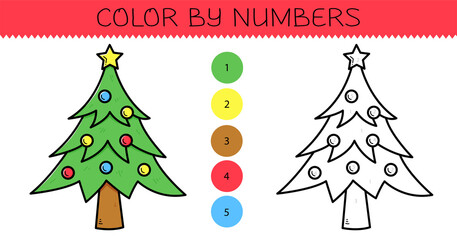 Wall Mural - Color by numbers coloring book for kids with cute christmas tree. Coloring page with cartoon christmas tree with an example for coloring. Monochrome and color versions