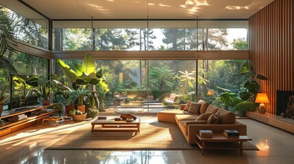Poster - Mid century modern interior home large windows with green plants furnished. Modern. Cool. Generative AI.