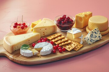 A wooden board with a variety of cheeses and crackers