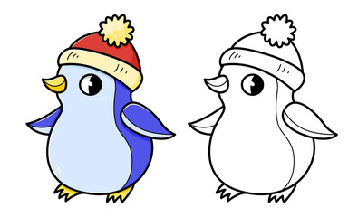 Wall Mural - Penguin in the hat coloring book with coloring example for kids. Coloring page with penguin in the hat. Monochrome and color version. children's illustration.