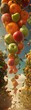 Fruit transformed into balloons, floating up into the sky, with people holding strings attached to apples, oranges, and pears, creating a whimsical, skyhigh harvest scene
