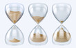 3D images of sand hourglasses with running sand, isolated on a light background. Sand clock symbolizing the fleeting nature of time, counting down deadlines, illustrating the proverb 
