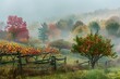 A gentle fog settling over a colorful autumn orchard