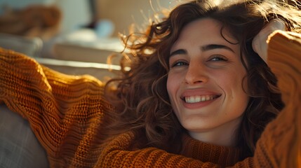 Poster - Joyful young woman relaxing at home in a cozy sweater. Genuine smile captured in natural light. Perfect for lifestyle and happiness themes. AI