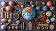A collection of various items including a globe, balls, and other toys. Concept of curiosity and wonder, as it showcases a diverse array of objects that could be used for play or decoration